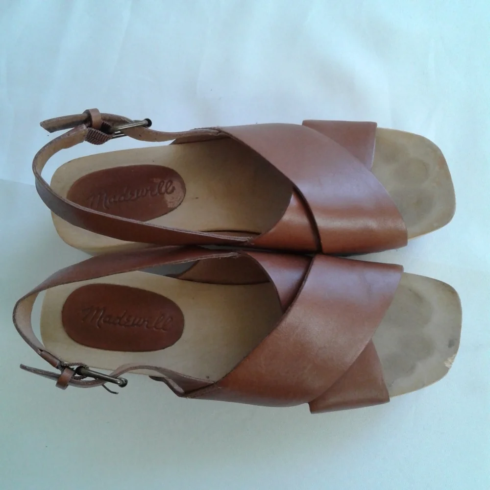 Madewell Brown Leather Wood Platform Slingback Sandals Size 6 MC706